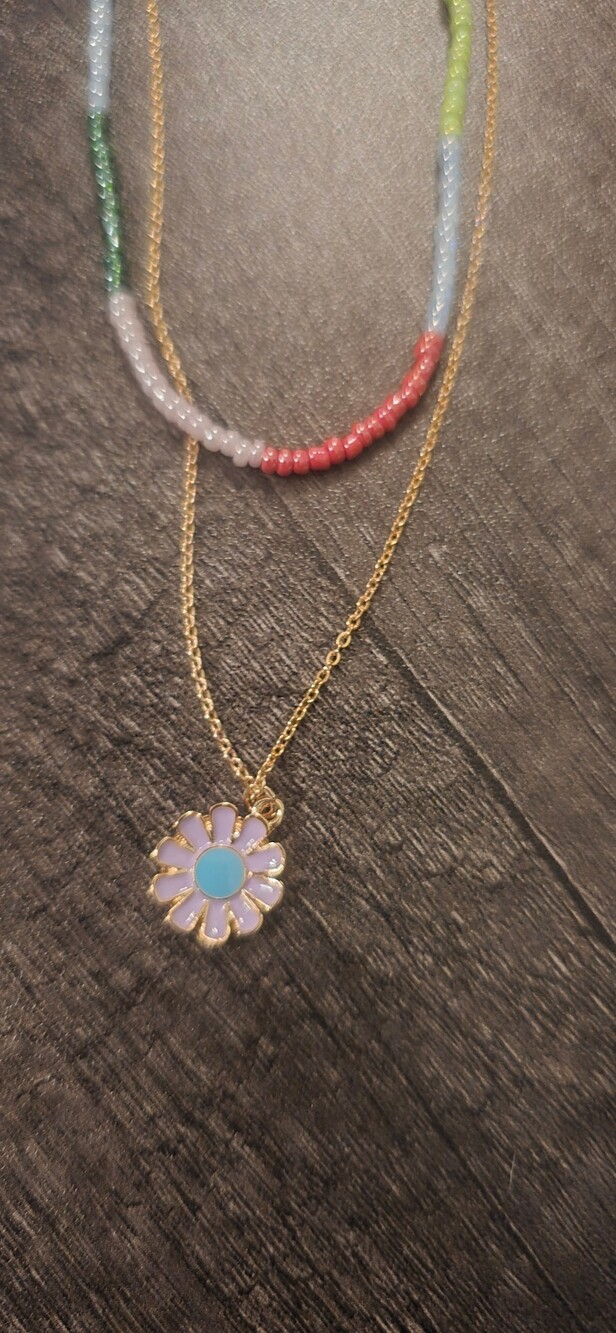 Enamel Flower Necklace Pastel Pendant Gold Chain Beaded Necklace Set